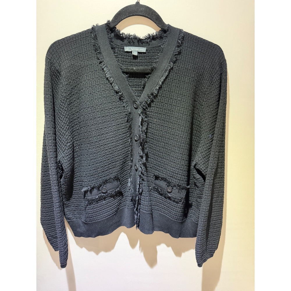 Adrianna Papell Black Fringed V-Neck Knit Cardigan Sweater XL AD1S301717